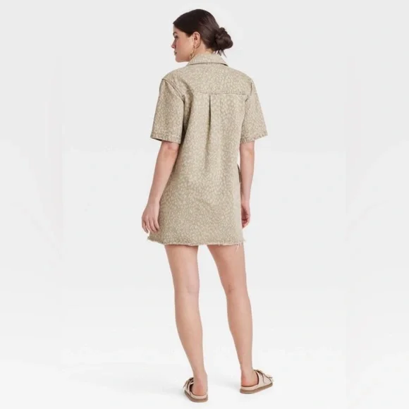 Women’s Leopard Denim Mini Shirtdress Print Recycle Cotton Blend , Collared - Picture 2 of 8